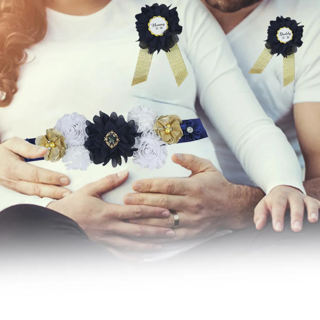 Babymoon Set of 3 Pregnant Mothers Maternity Belt with Mom & Dad Badges - Dark Blue