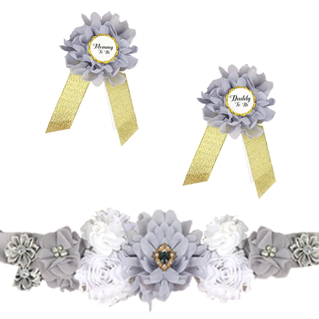 Babymoon Set of 3 Pregnant Mothers Maternity Belt with Mom & Dad Badges - Grey