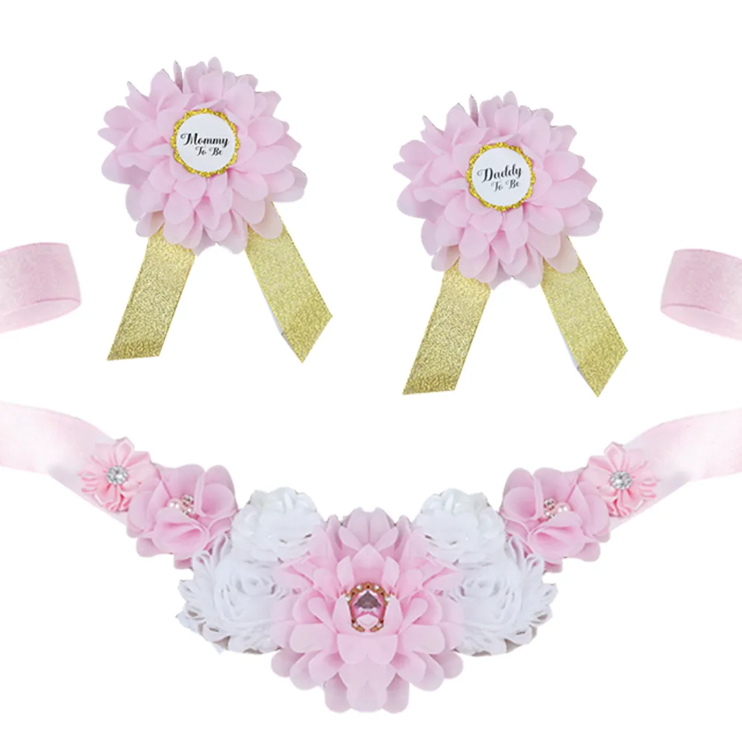 Babymoon Set of 3 Pregnant Mothers Maternity Belt with Mom & Dad Badges - Pink