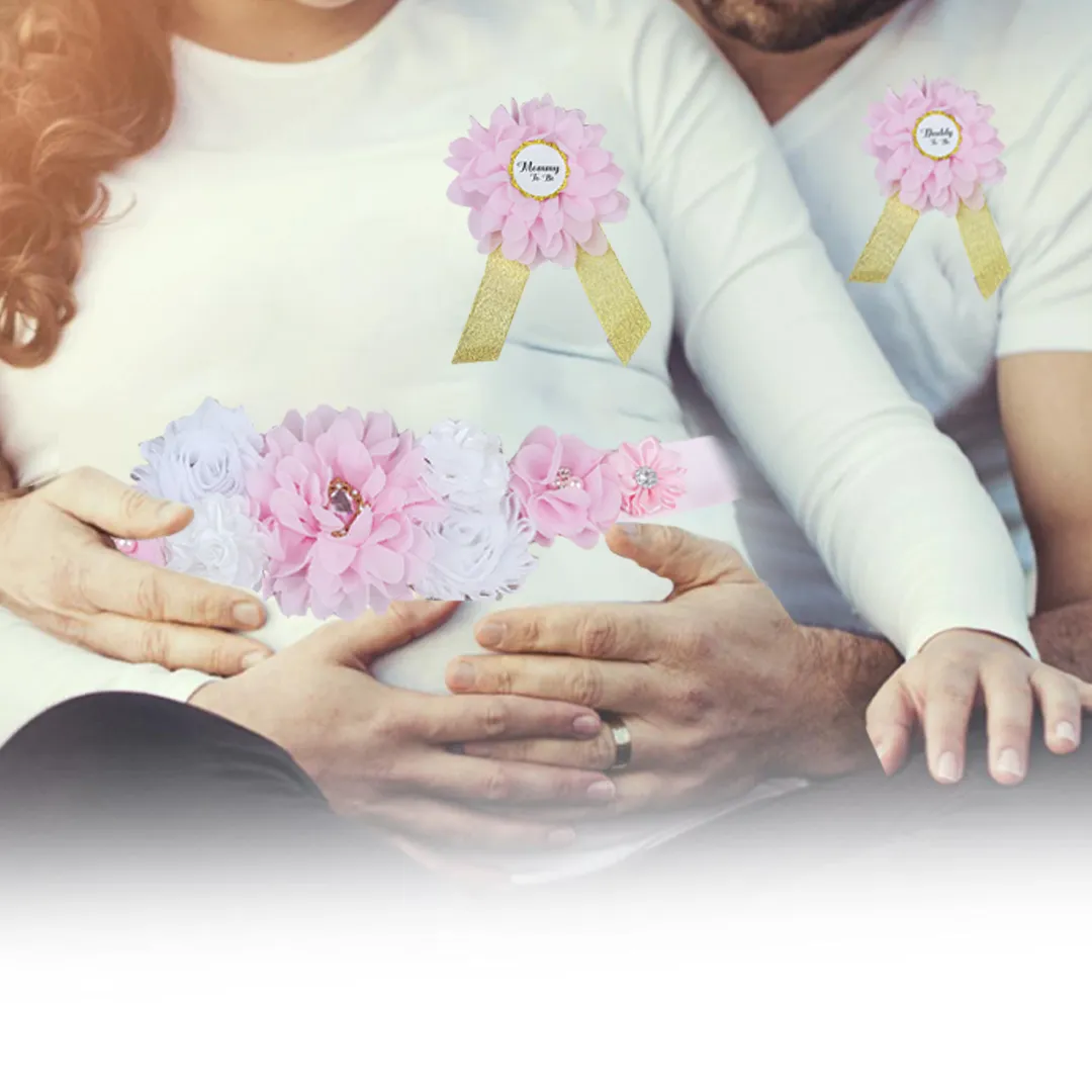 Babymoon Set of 3 Pregnant Mothers Maternity Belt with Mom & Dad Badges - Pink