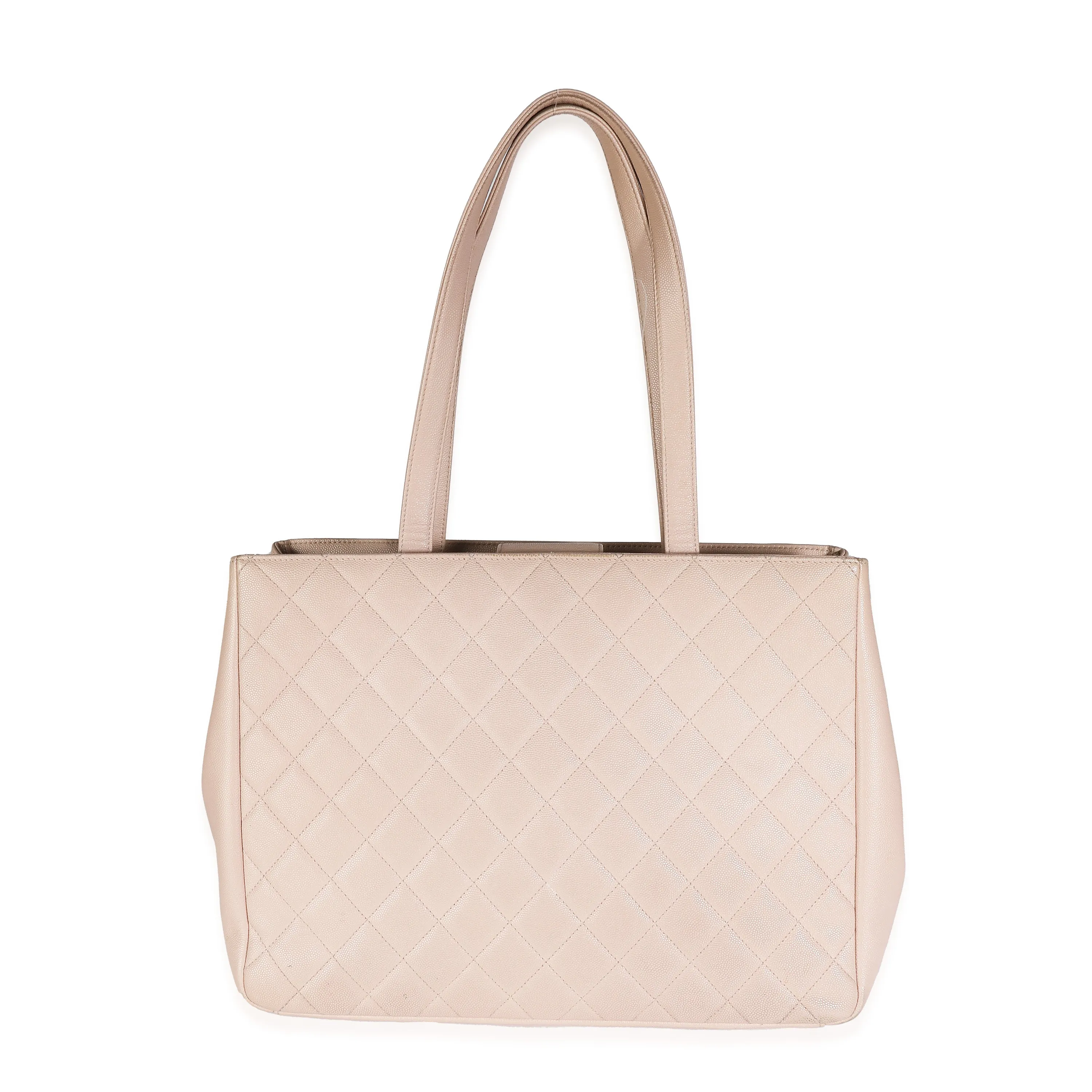 Beige Quilted Caviar Large Business Affinity Shopping Tote