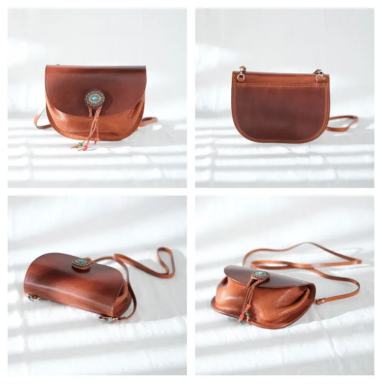 Boho Women's Brown Leather Crossbody Saddle Bag Satchel Bag For Women