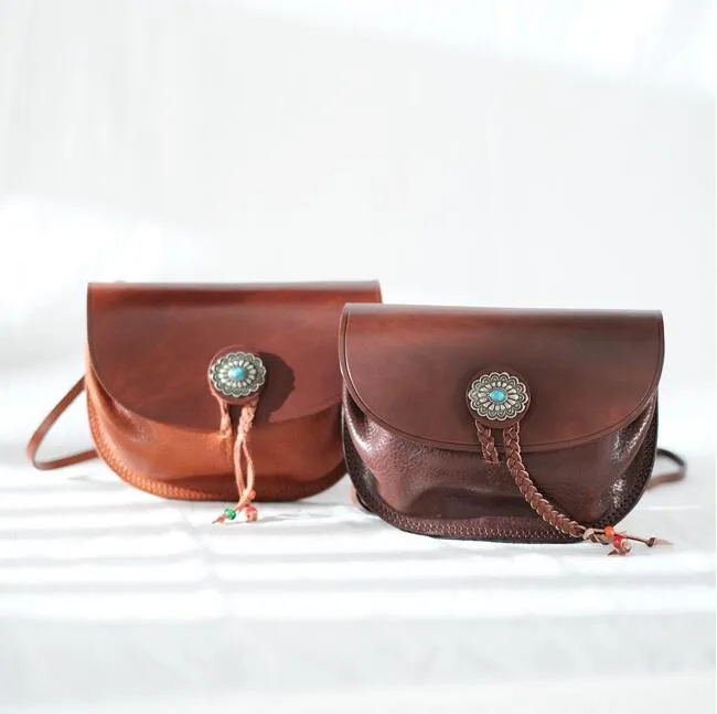 Boho Women's Brown Leather Crossbody Saddle Bag Satchel Bag For Women