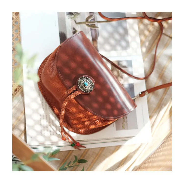 Boho Women's Brown Leather Crossbody Saddle Bag Satchel Bag For Women