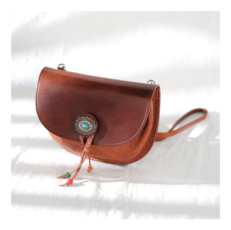 Boho Women's Brown Leather Crossbody Saddle Bag Satchel Bag For Women