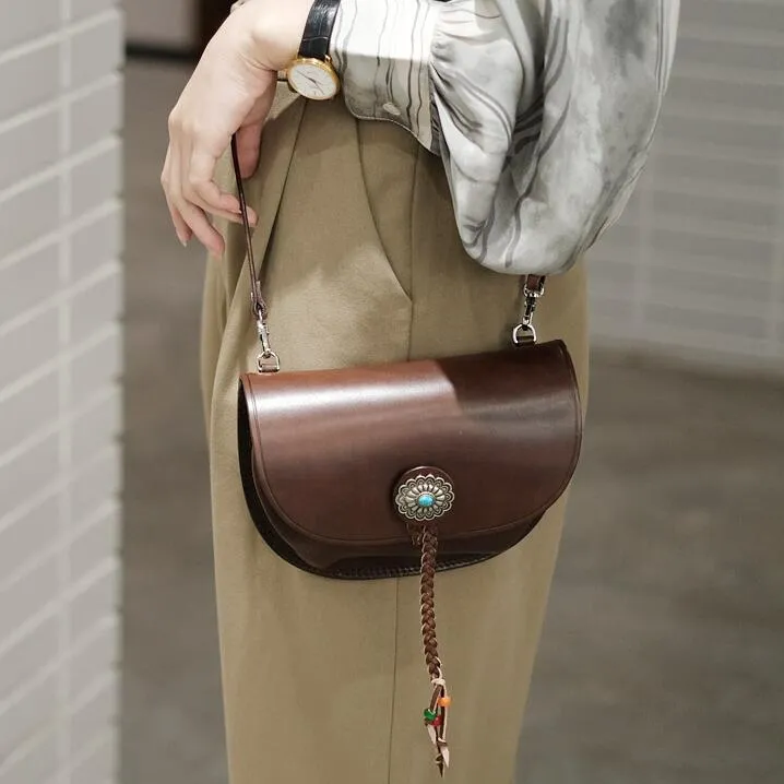 Boho Women's Brown Leather Crossbody Saddle Bag Satchel Bag For Women