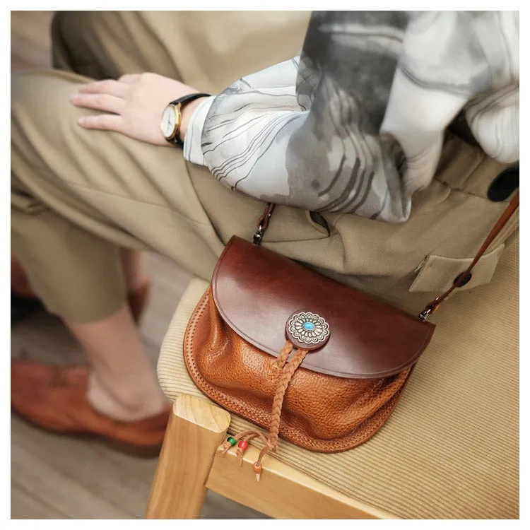 Boho Women's Brown Leather Crossbody Saddle Bag Satchel Bag For Women