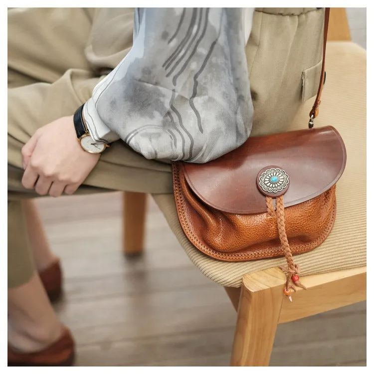 Boho Women's Brown Leather Crossbody Saddle Bag Satchel Bag For Women