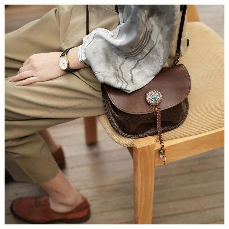 Boho Women's Brown Leather Crossbody Saddle Bag Satchel Bag For Women