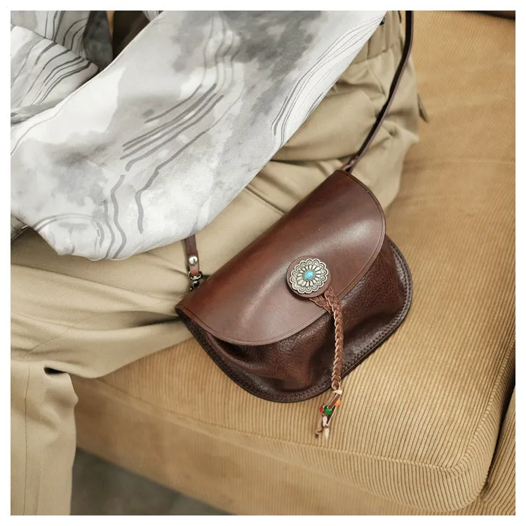 Boho Women's Brown Leather Crossbody Saddle Bag Satchel Bag For Women
