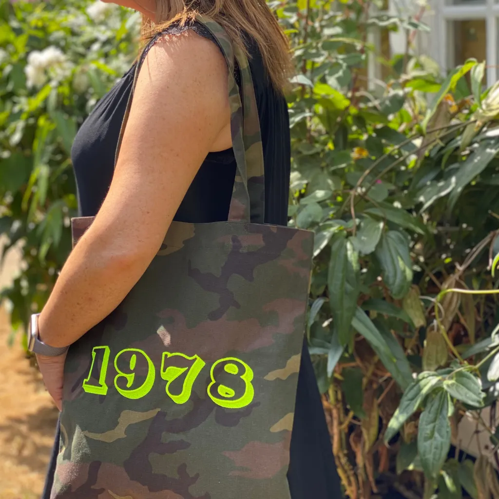 Camo Year of Birth Personalised Embroidered Tote Bag in Neon Yellow