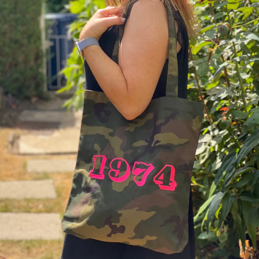 Camo Year of Birth Personalised Embroidered Tote Bag in Neon Yellow
