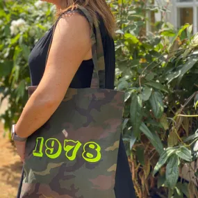 Camo Year of Birth Personalised Embroidered Tote Bag in Neon Yellow