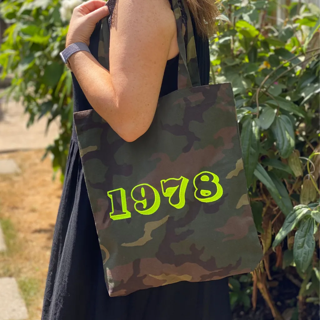 Camo Year of Birth Personalised Embroidered Tote Bag in Neon Yellow