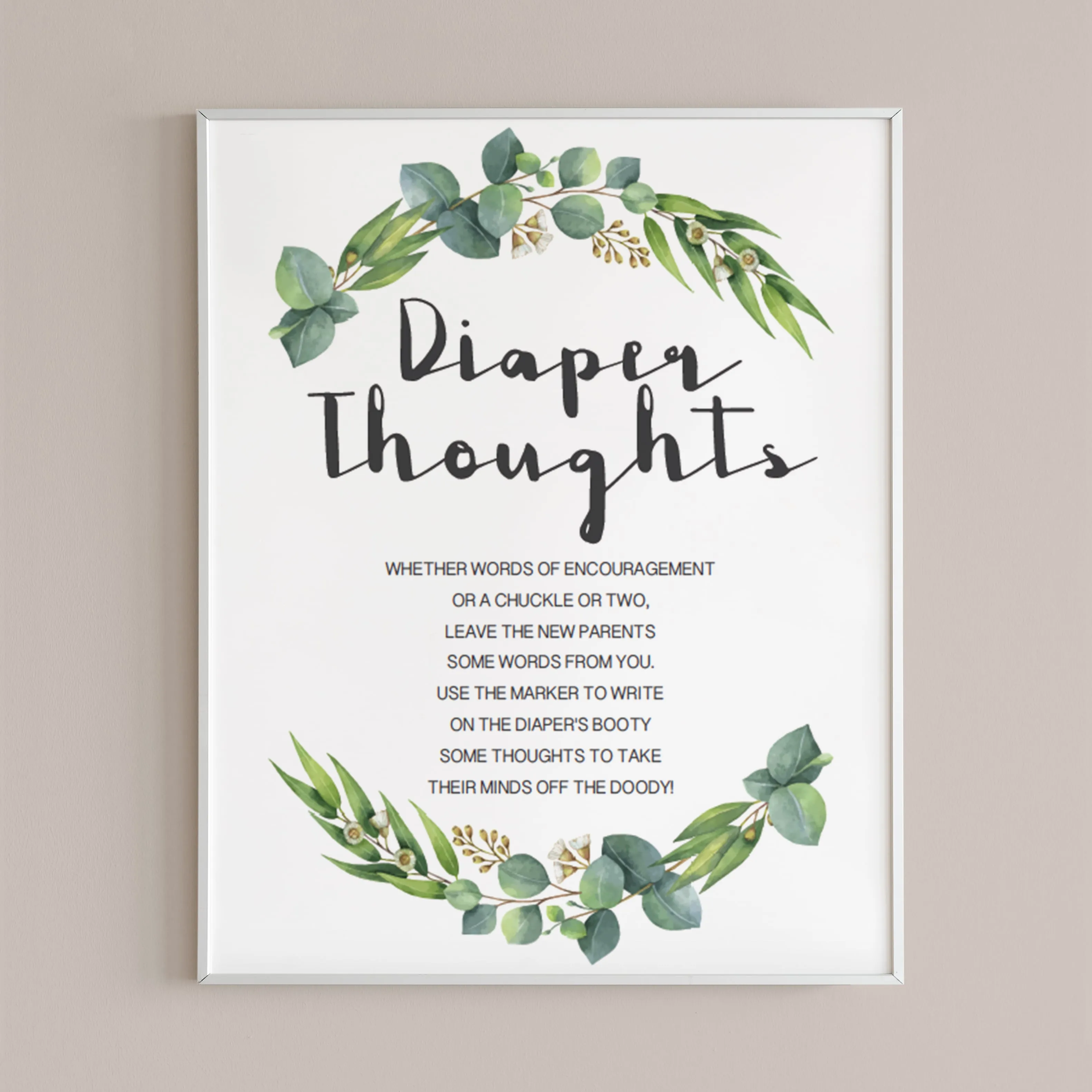 Diaper Thoughts Sign Template with Greenery Wreath