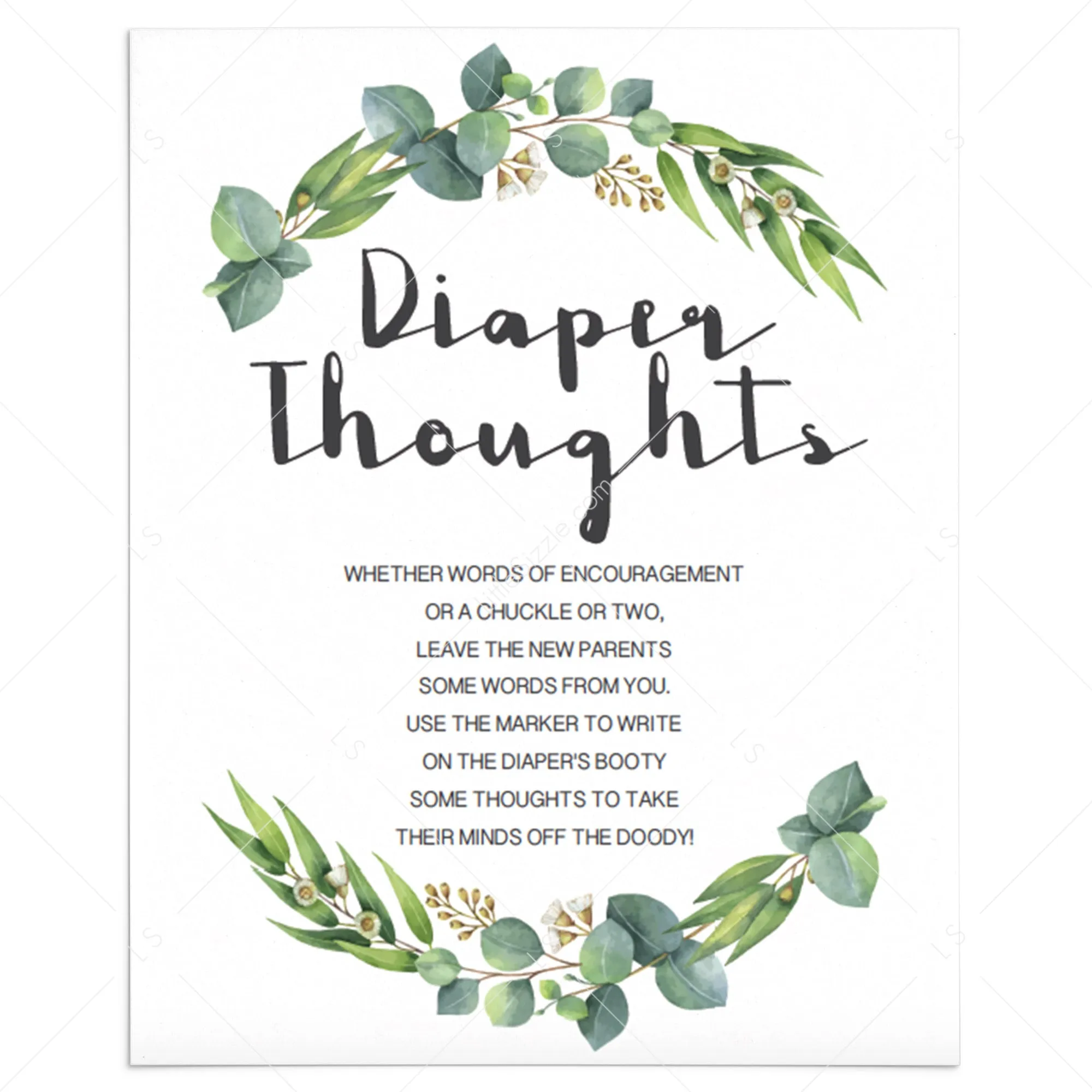 Diaper Thoughts Sign Template with Greenery Wreath