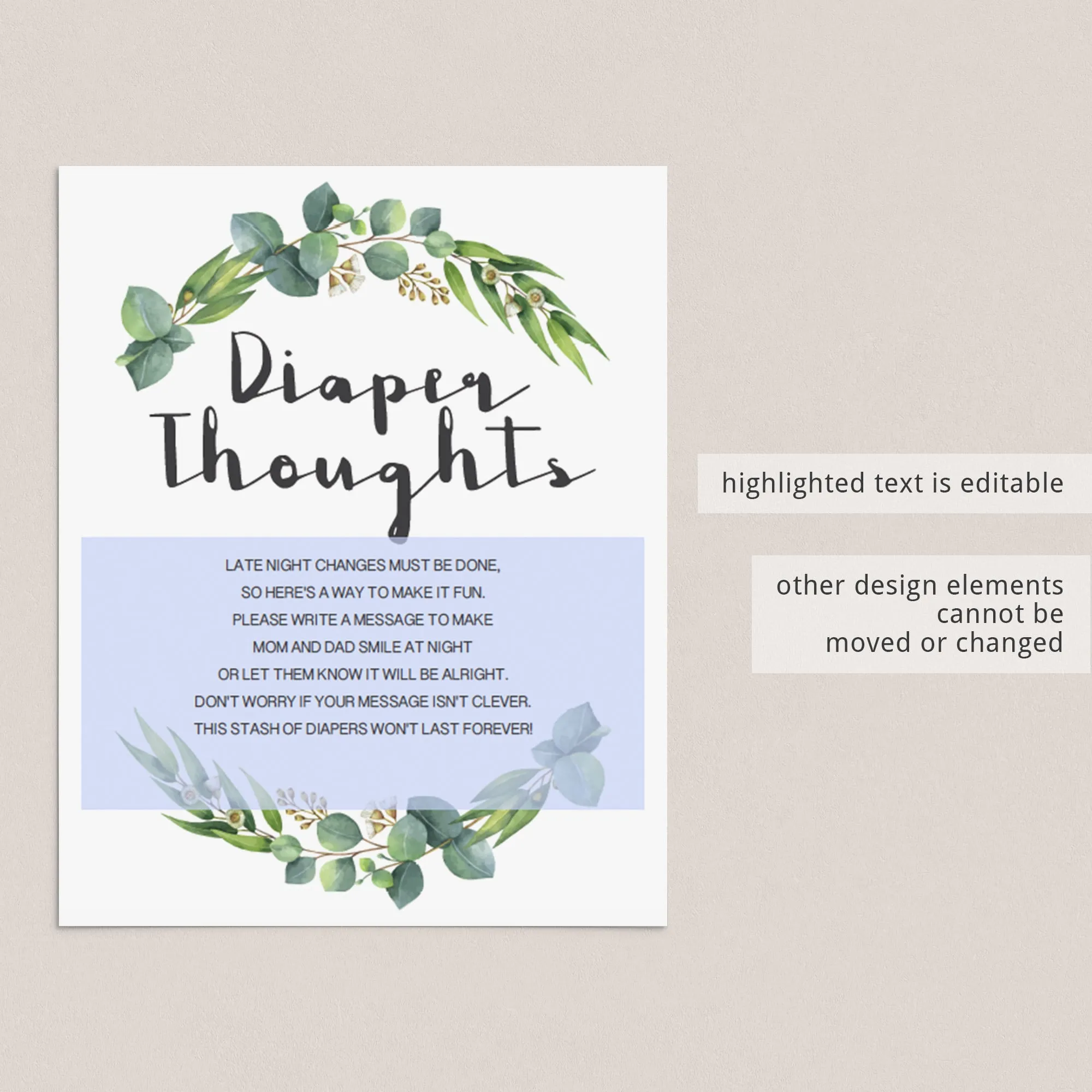 Diaper Thoughts Sign Template with Greenery Wreath