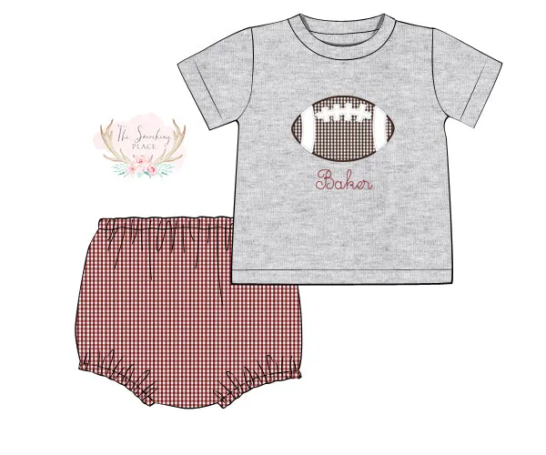 Football Applique Maroon Gingham Diaper Set