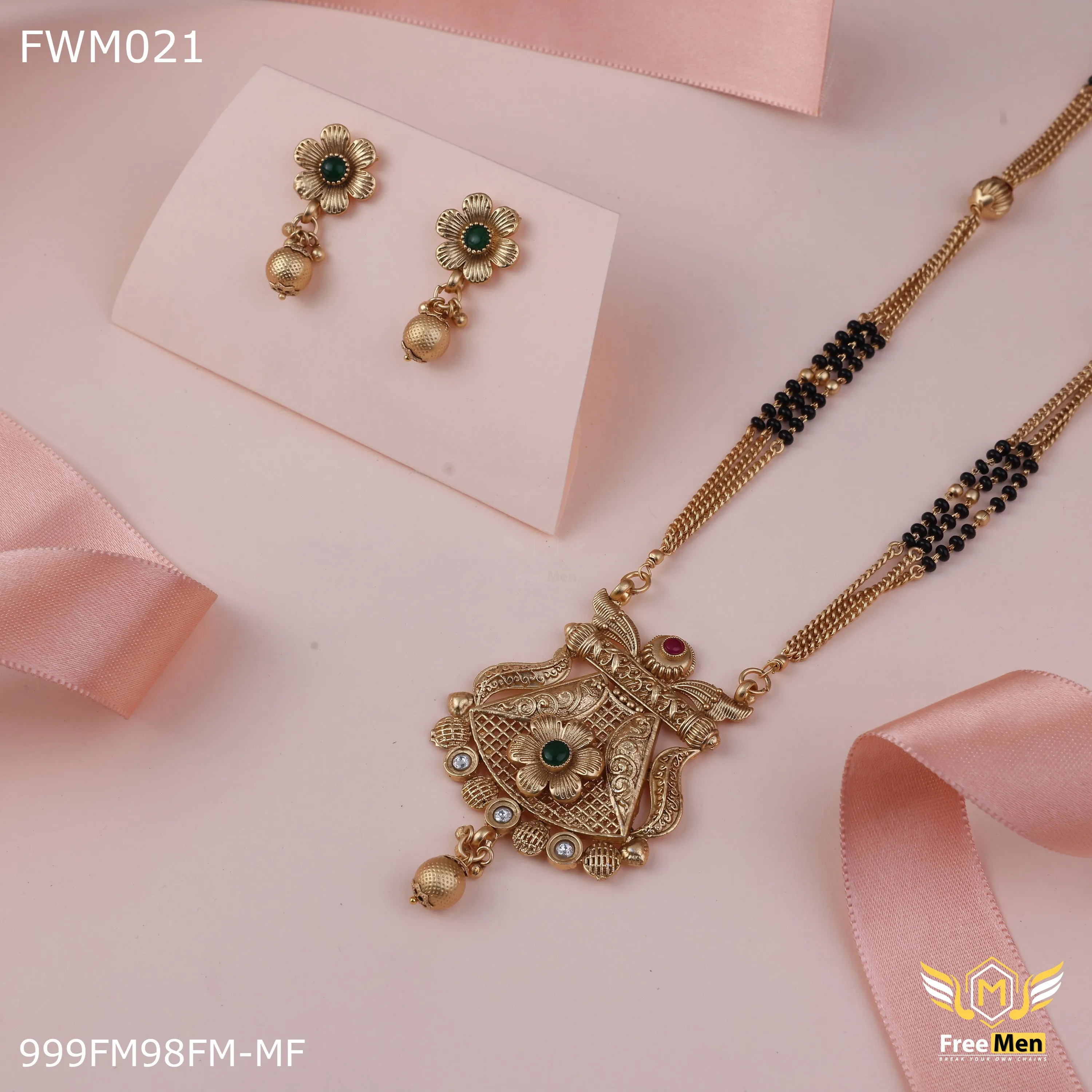Freemen Antique Flower design mangalsutra With Earring for women - FWM021
