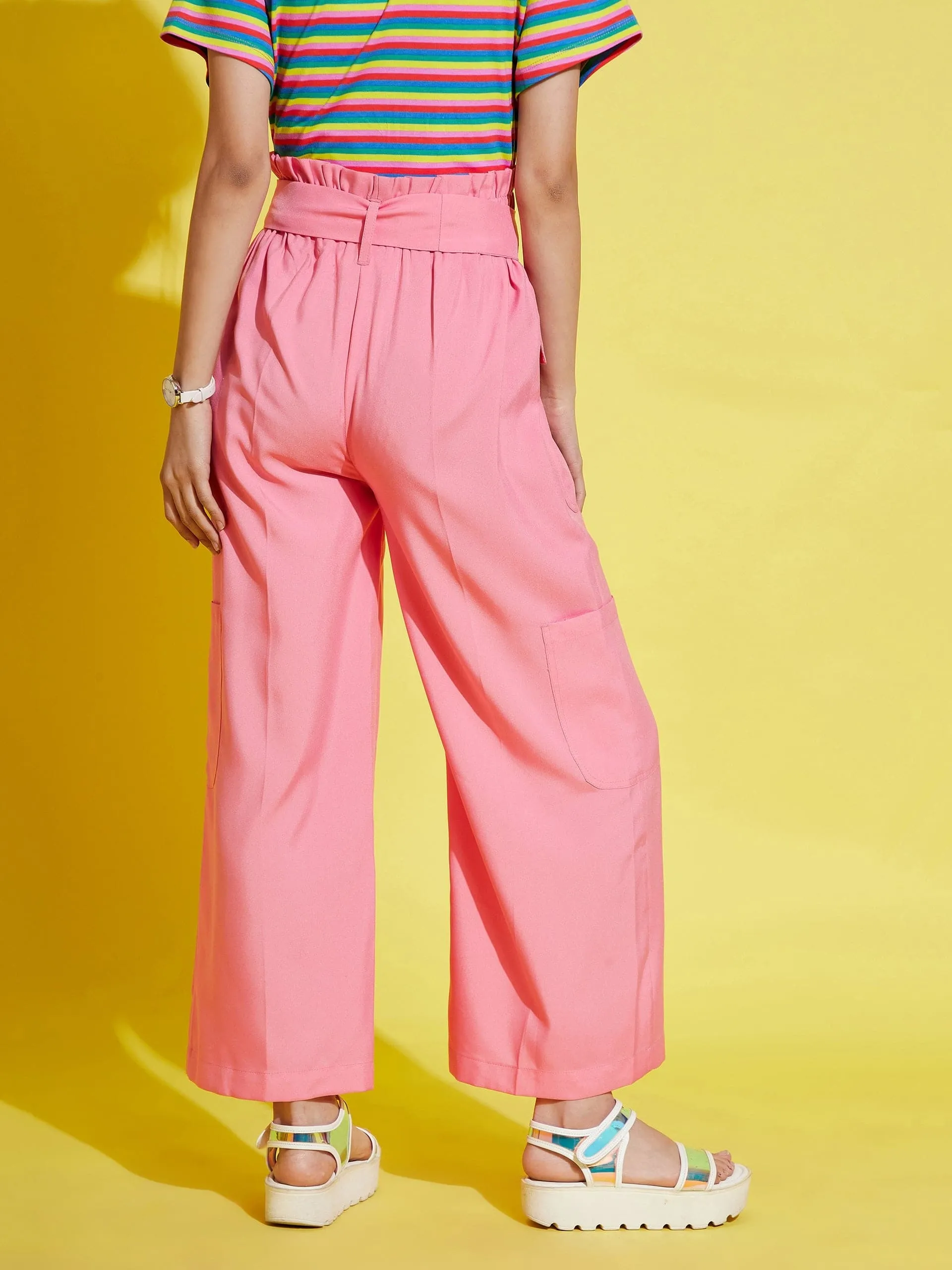 Girls Pink Paper Bag Multi Pocket Pants - Lyush Kids