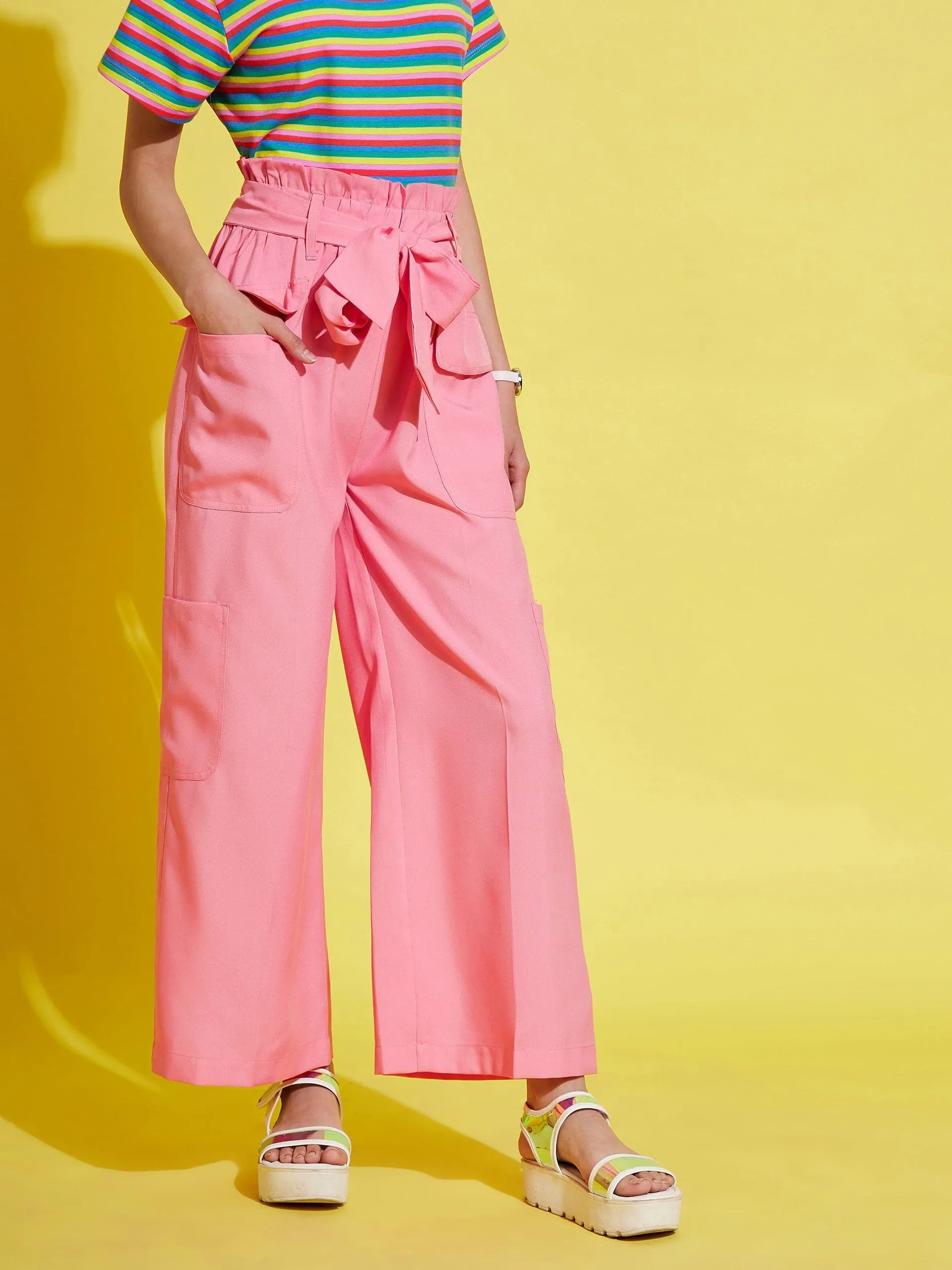 Girls Pink Paper Bag Multi Pocket Pants - Lyush Kids