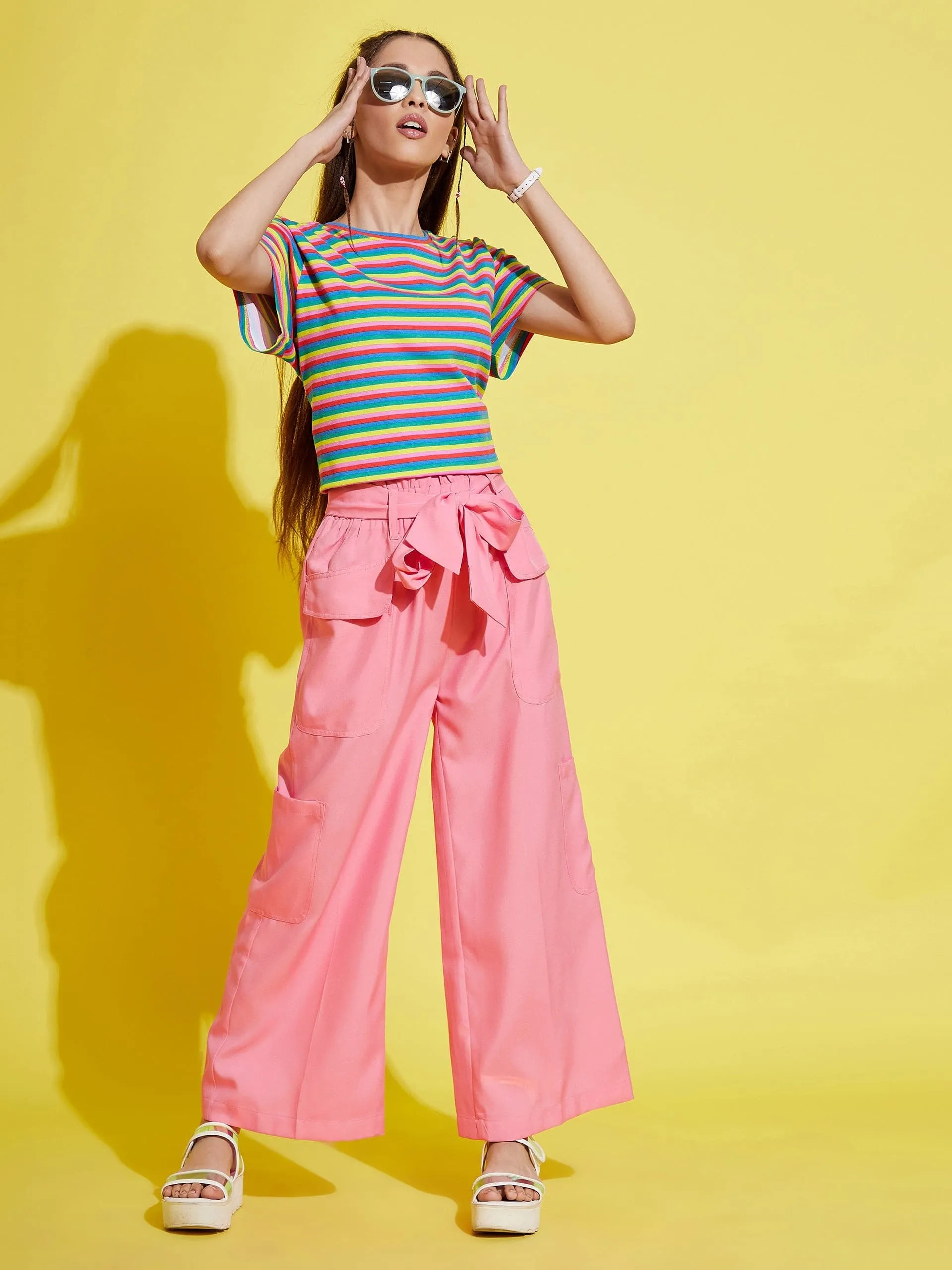 Girls Pink Paper Bag Multi Pocket Pants - Lyush Kids