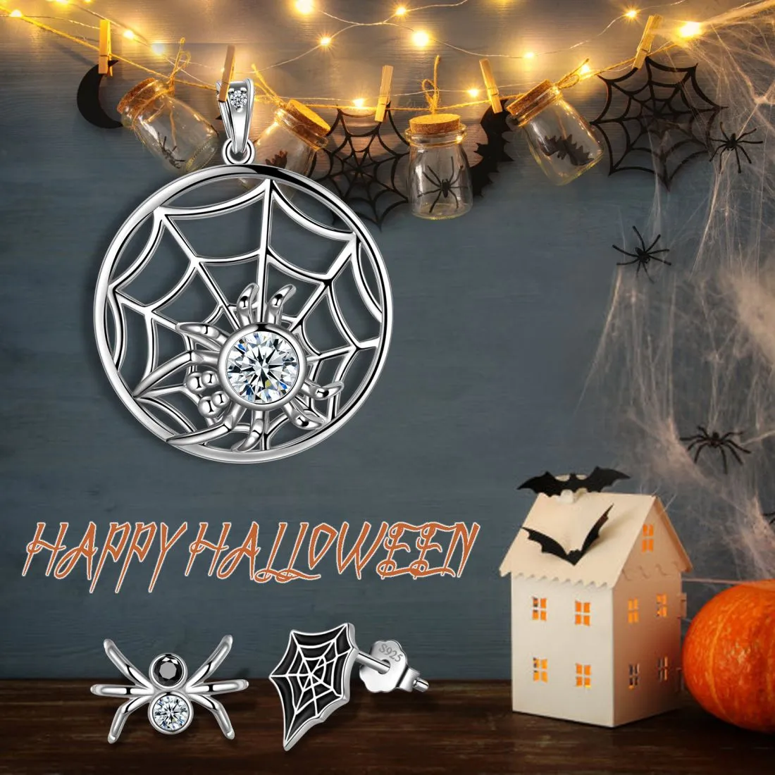 Halloween Spider Jewelry Set Earrings Necklace Women Jewelry 925 Sterling Silver