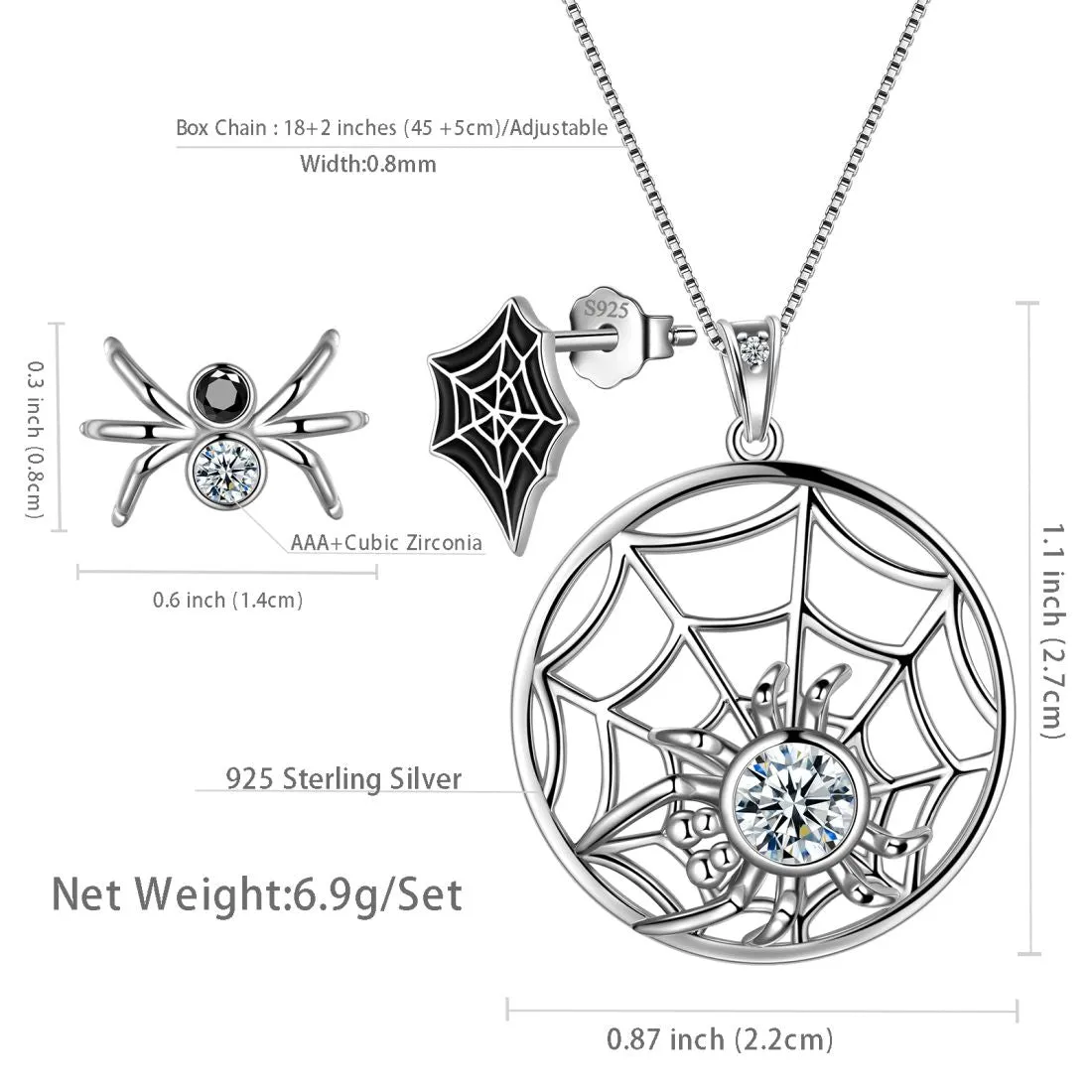 Halloween Spider Jewelry Set Earrings Necklace Women Jewelry 925 Sterling Silver