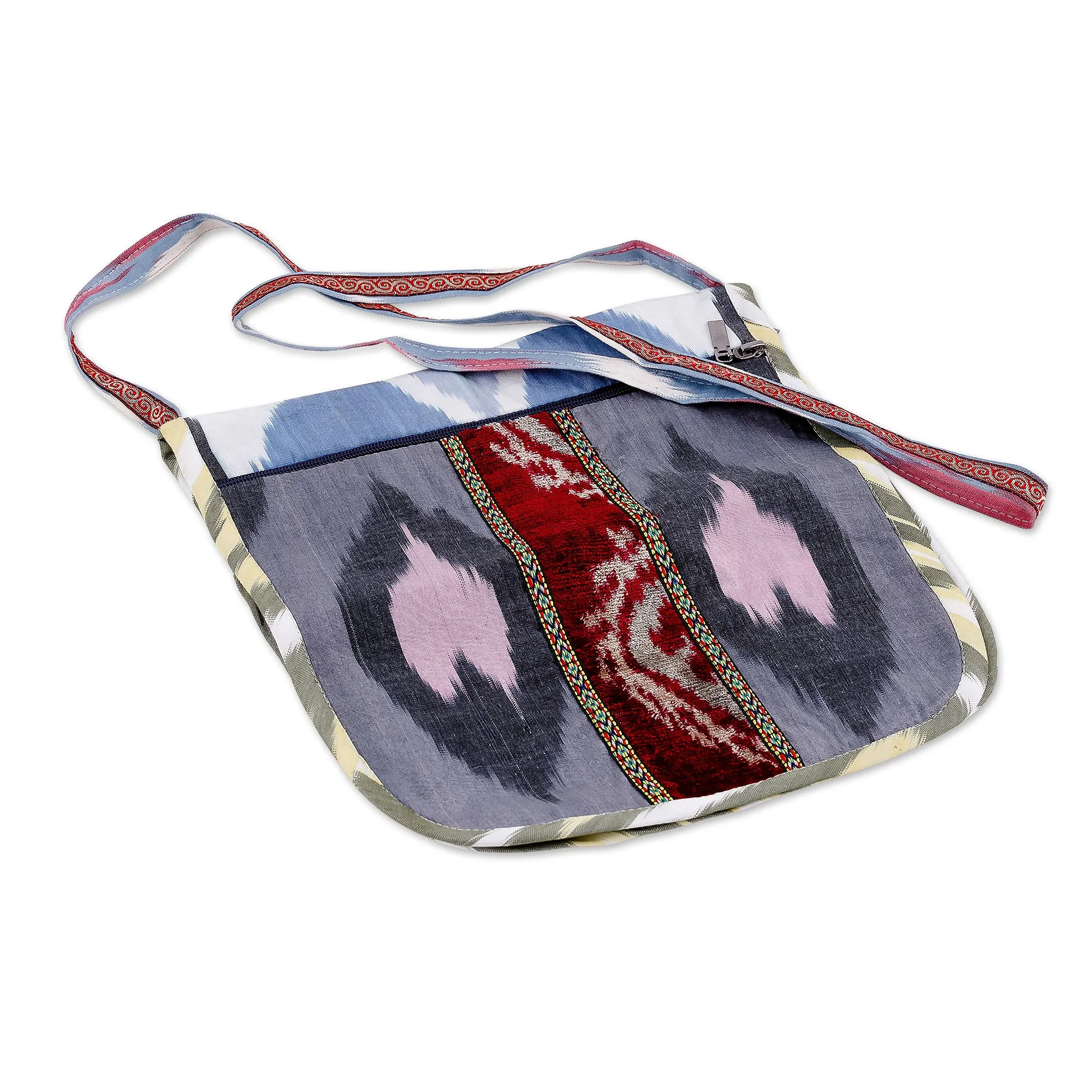 Handcrafted Silk and Velvet Sling in Grey and Blue Hues - Pink Vitality | NOVICA