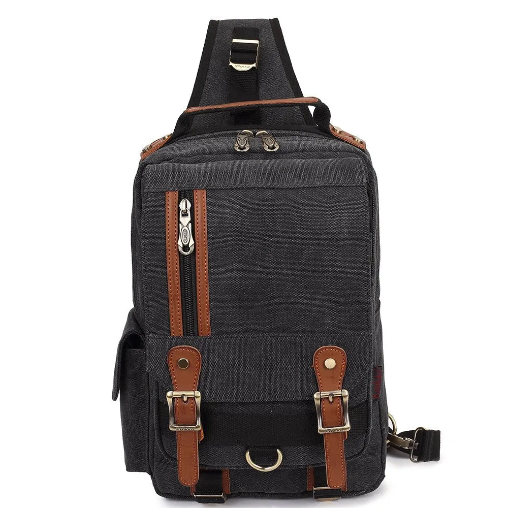 KAUKKO Canvas Crossbody Sling Bag Backpack for Cycling, Hiking, Camping, and Commuting FD252 ( Black )