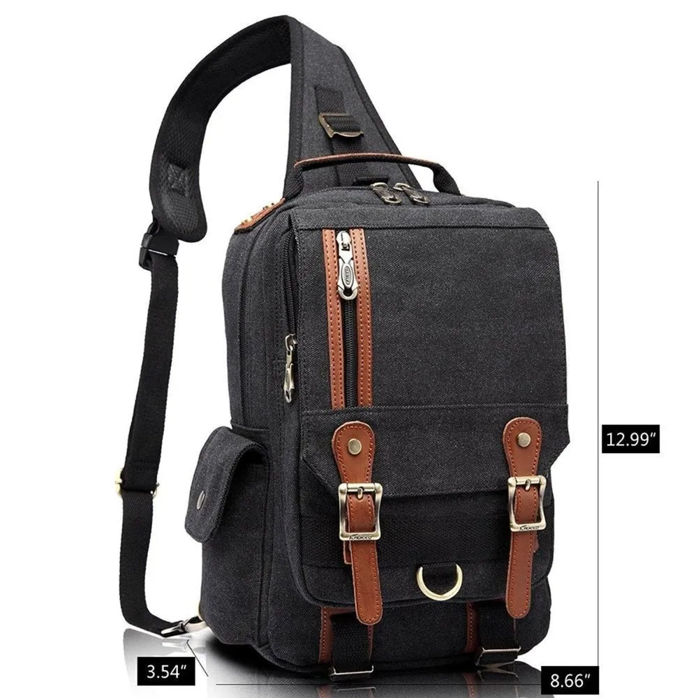 KAUKKO Canvas Crossbody Sling Bag Backpack for Cycling, Hiking, Camping, and Commuting FD252 ( Black )