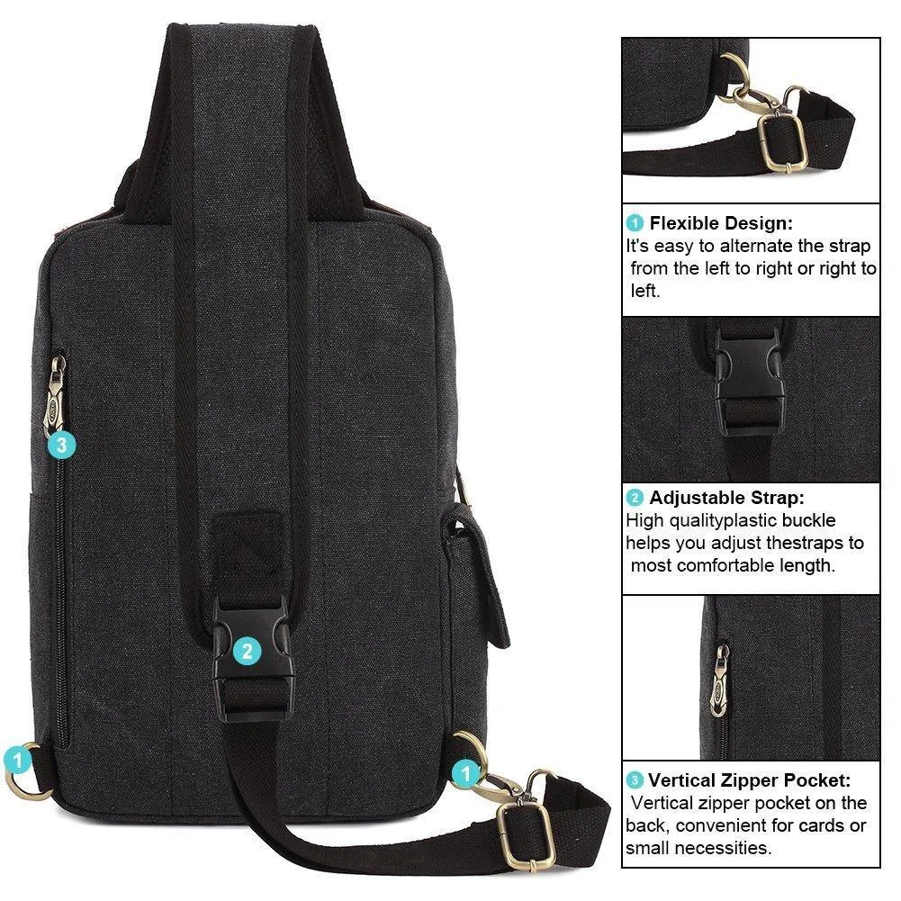 KAUKKO Canvas Crossbody Sling Bag Backpack for Cycling, Hiking, Camping, and Commuting FD252 ( Black )