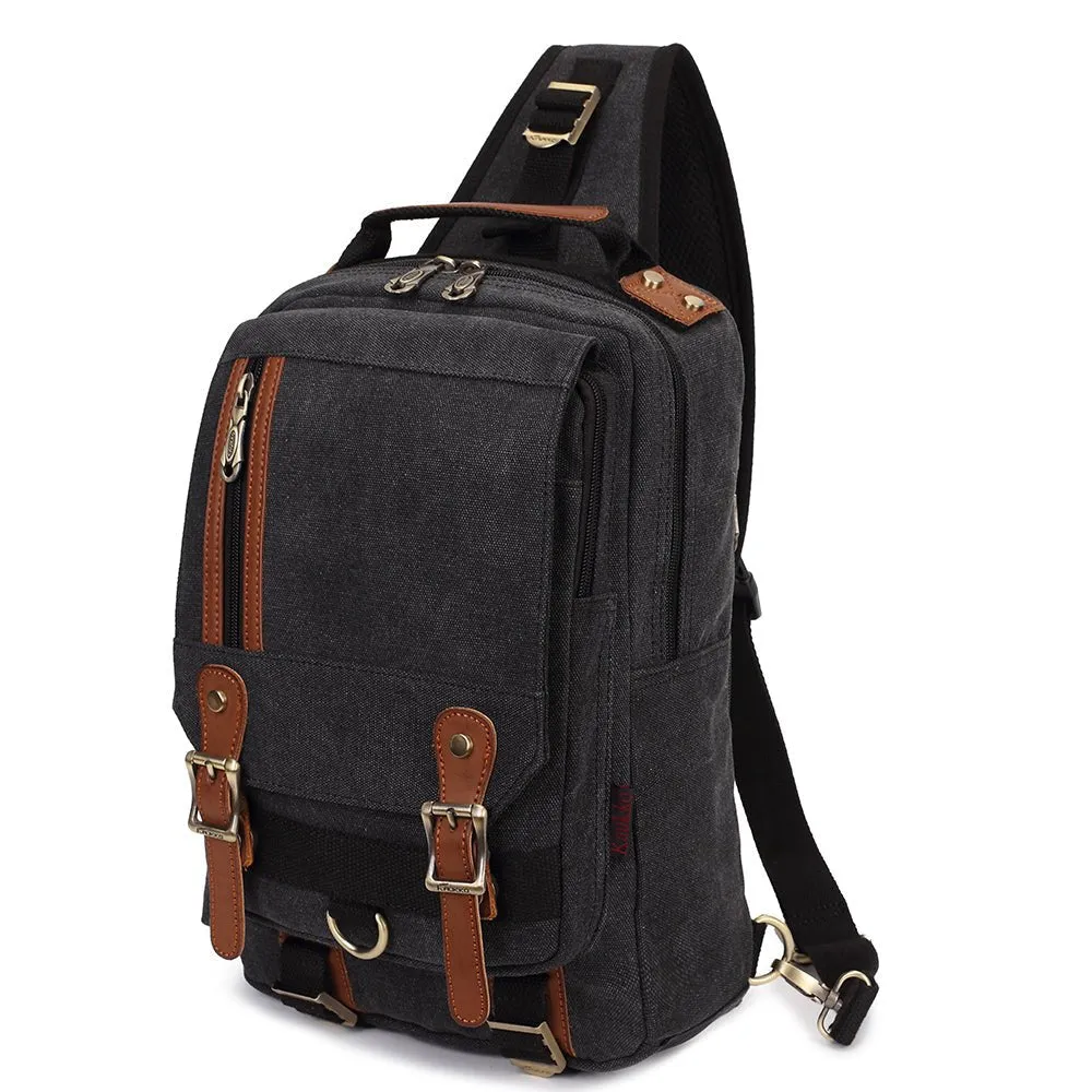 KAUKKO Canvas Crossbody Sling Bag Backpack for Cycling, Hiking, Camping, and Commuting FD252 ( Black )