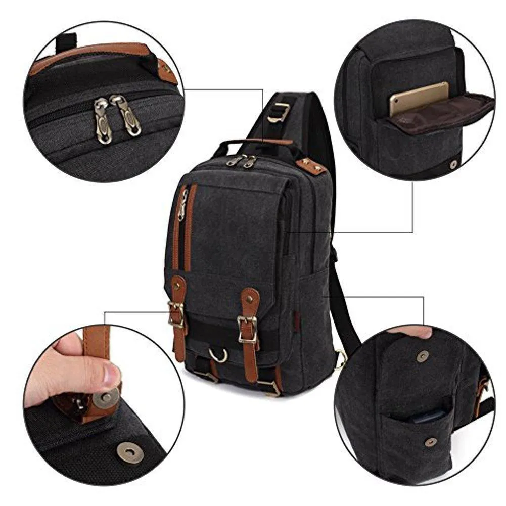 KAUKKO Canvas Crossbody Sling Bag Backpack for Cycling, Hiking, Camping, and Commuting FD252 ( Black )