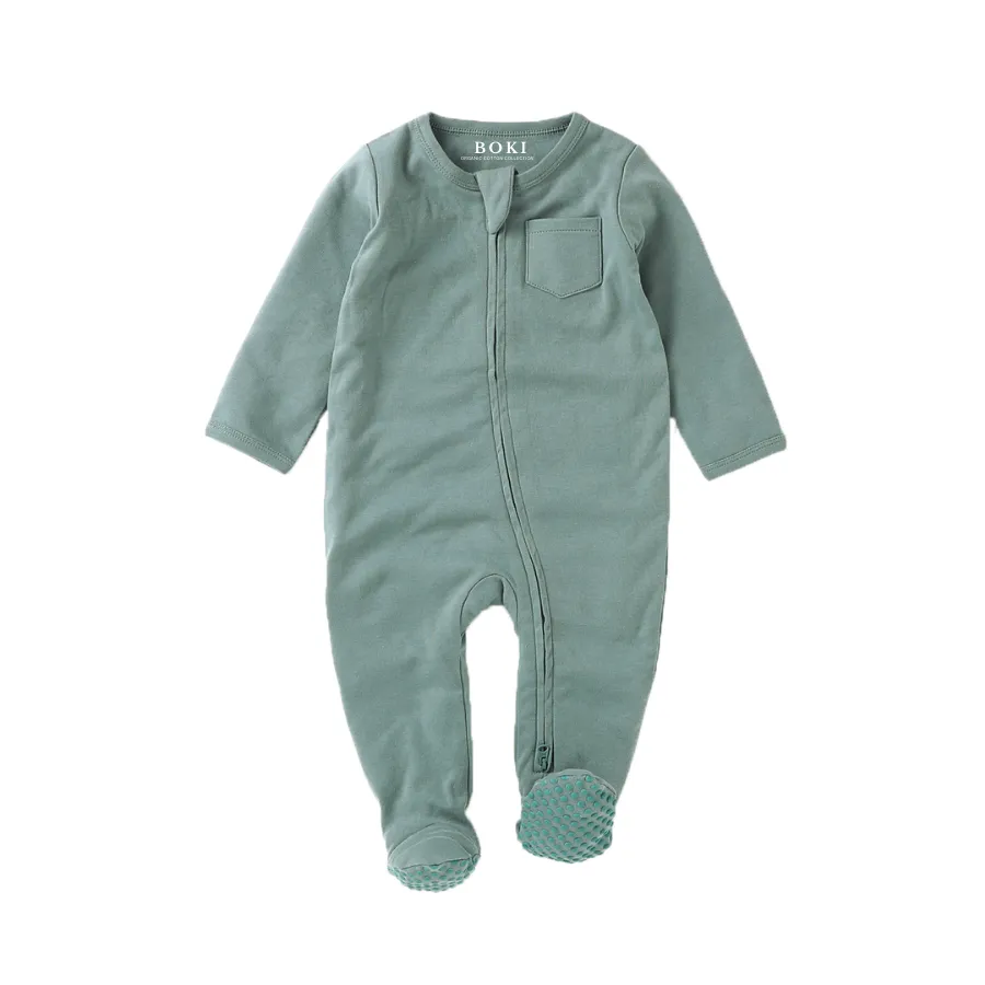 Organic Cotton Zipsuit with Footies & Mittens | Ocean Green