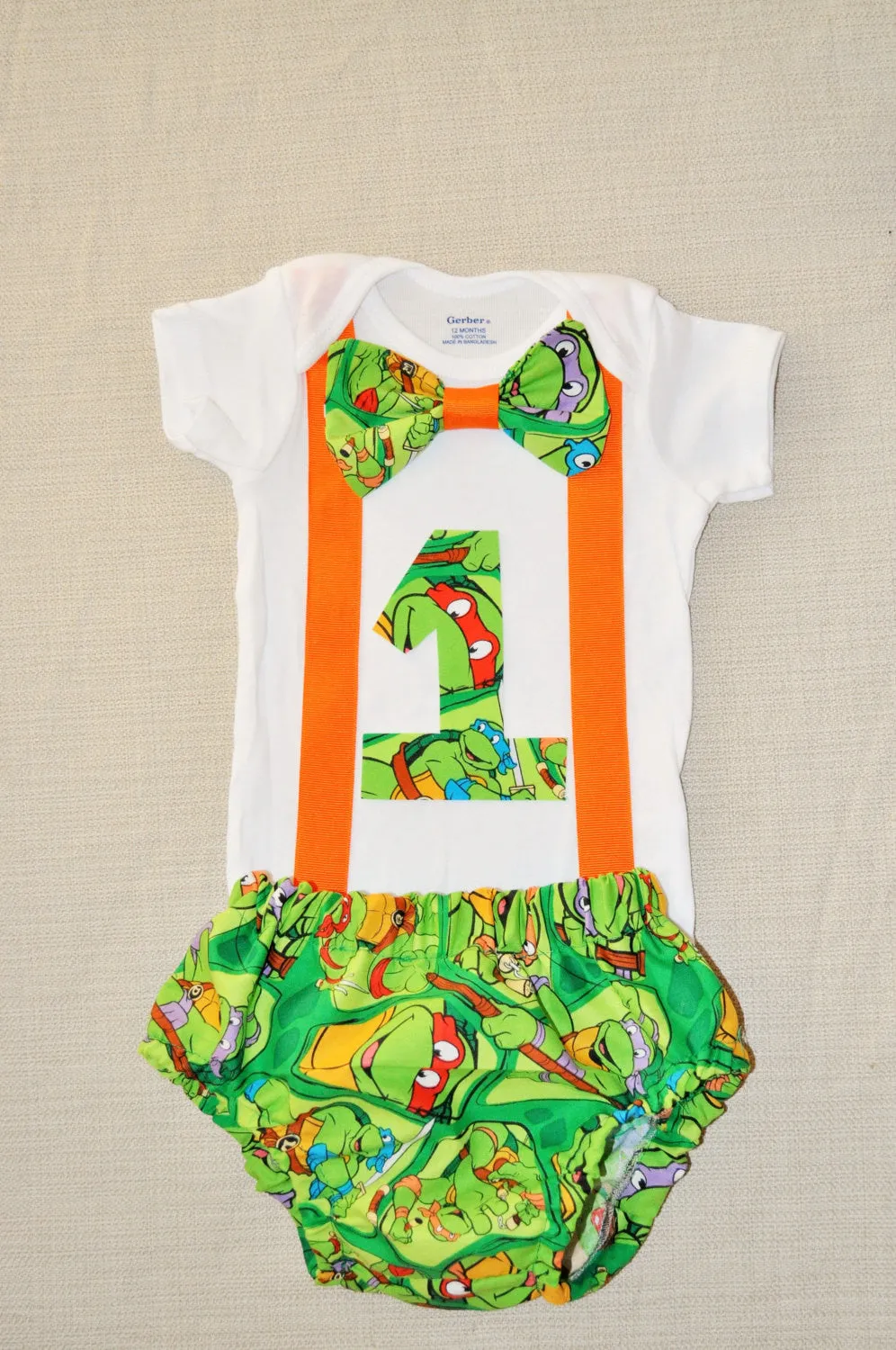 Rylo Teenage Mutant Ninja Turtles shirt with matching diaper cover,  Bow tie with matching suspenders. First Birthday, cake smash, TMNT