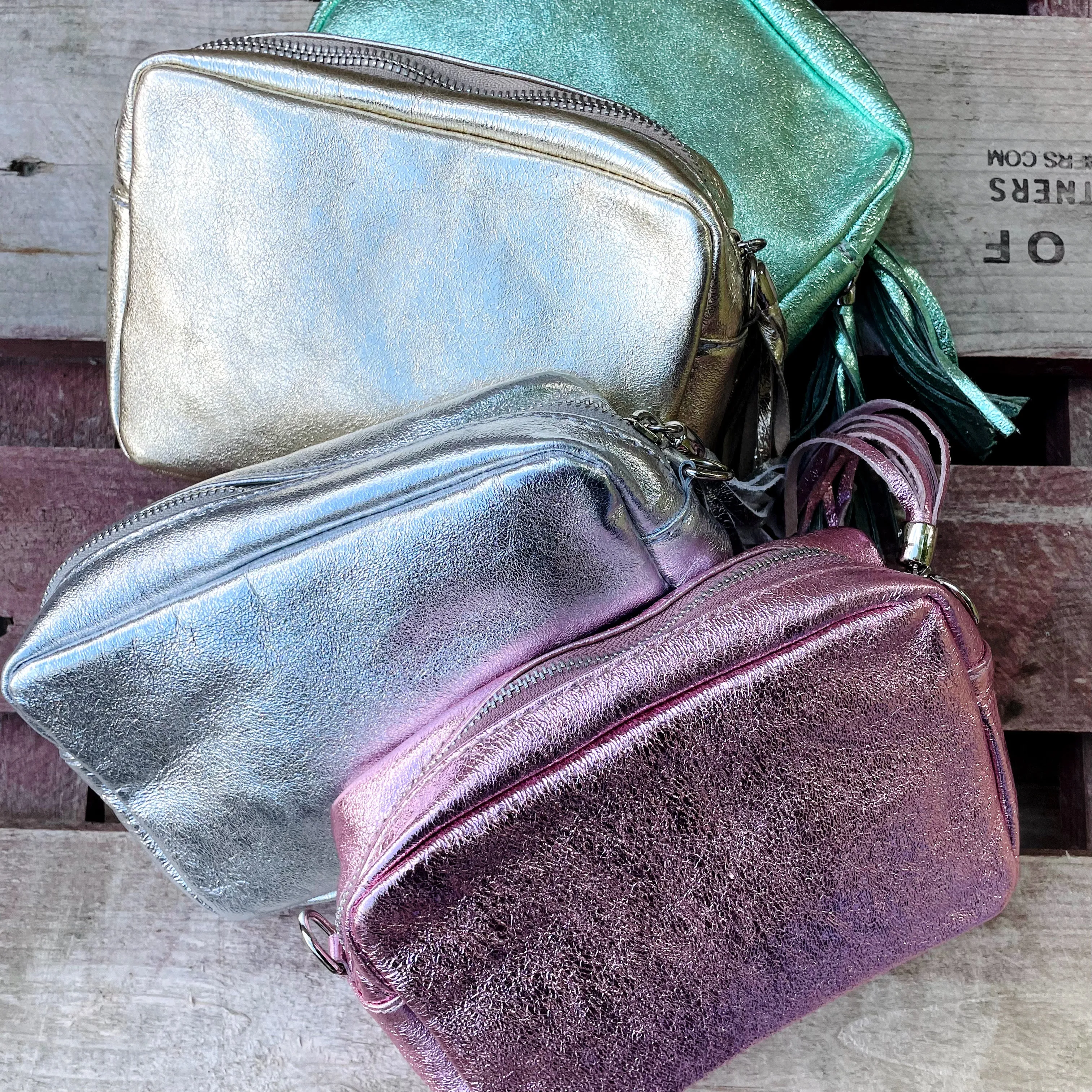 Small Metallic Leather Camera Bag - Rose