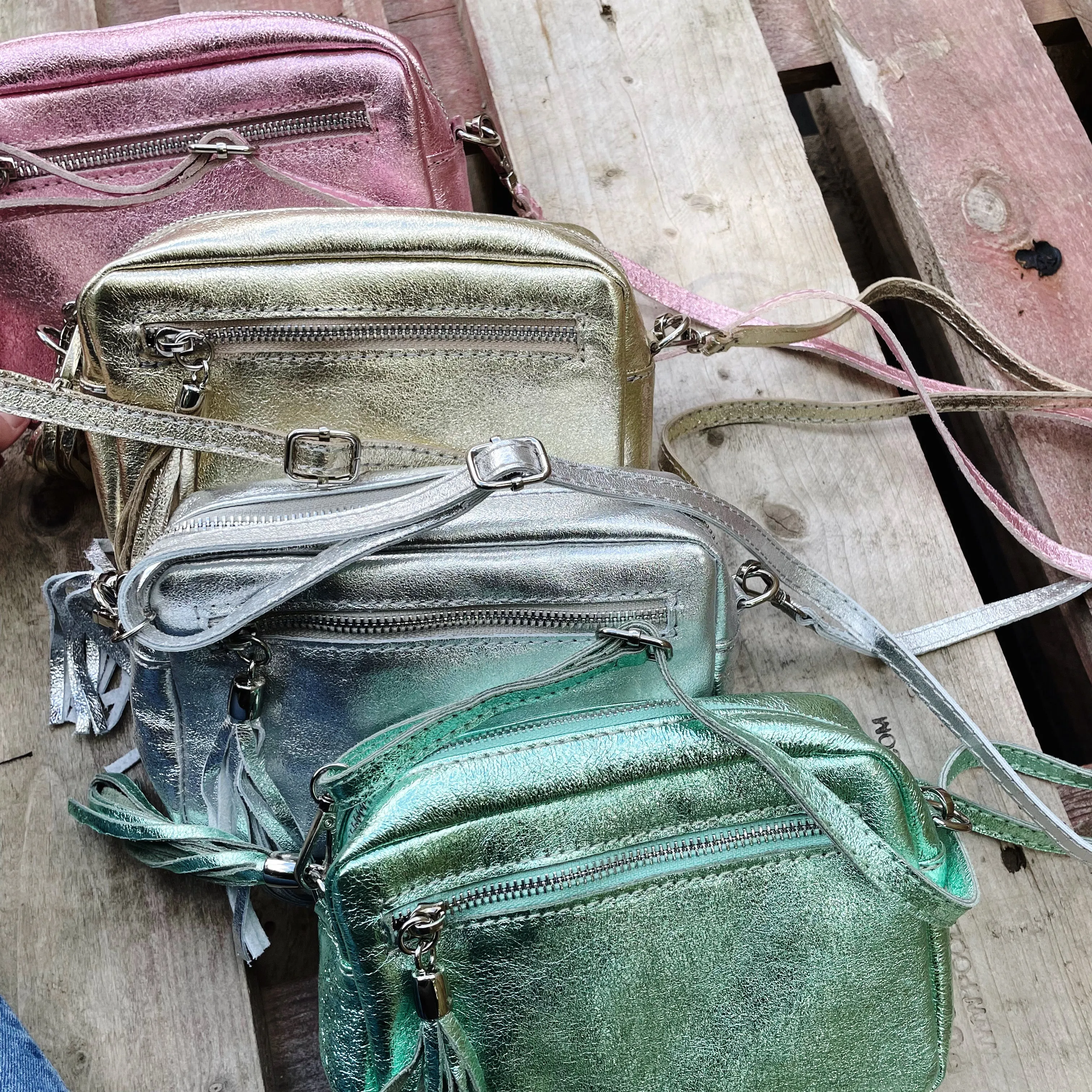 Small Metallic Leather Camera Bag - Rose