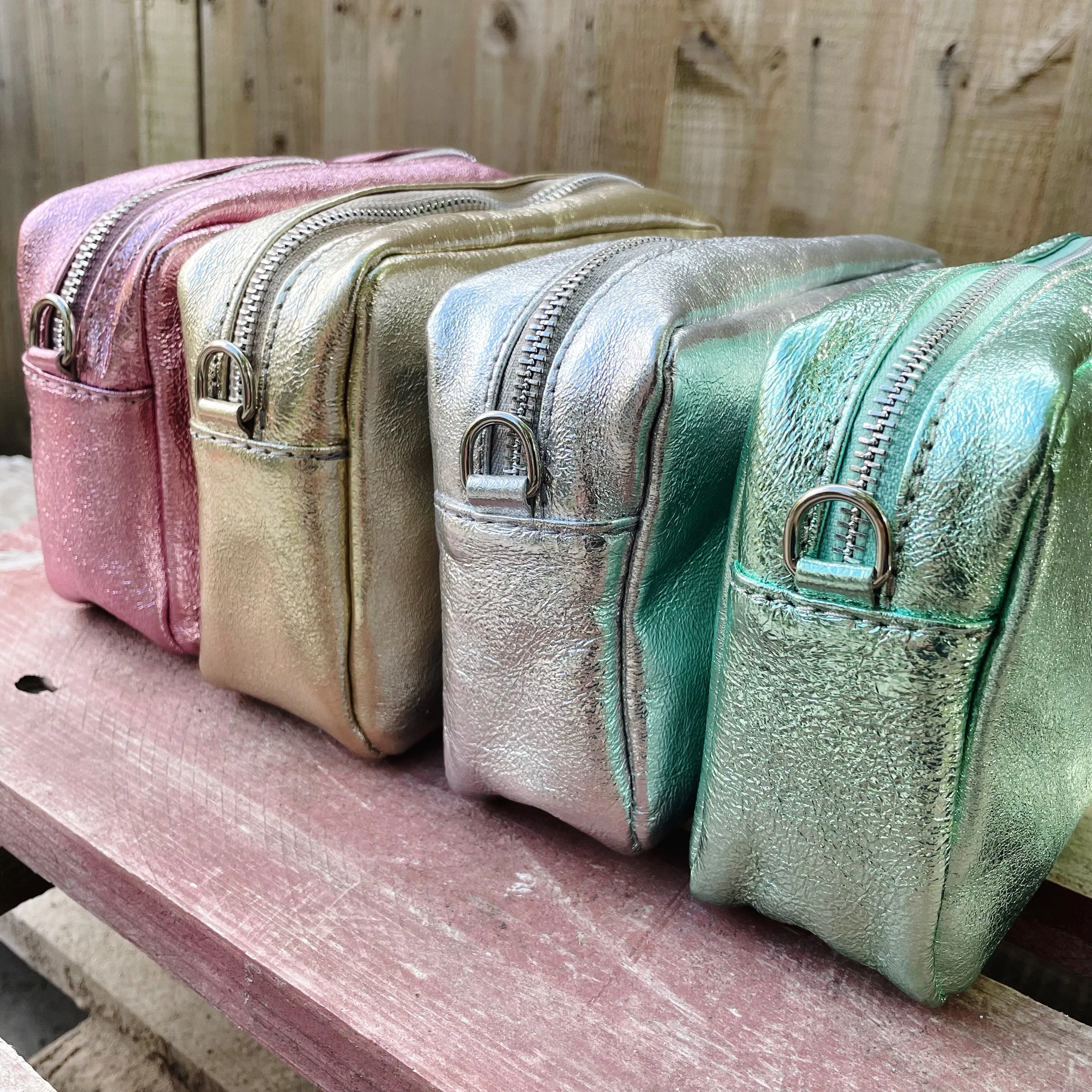 Small Metallic Leather Camera Bag - Rose