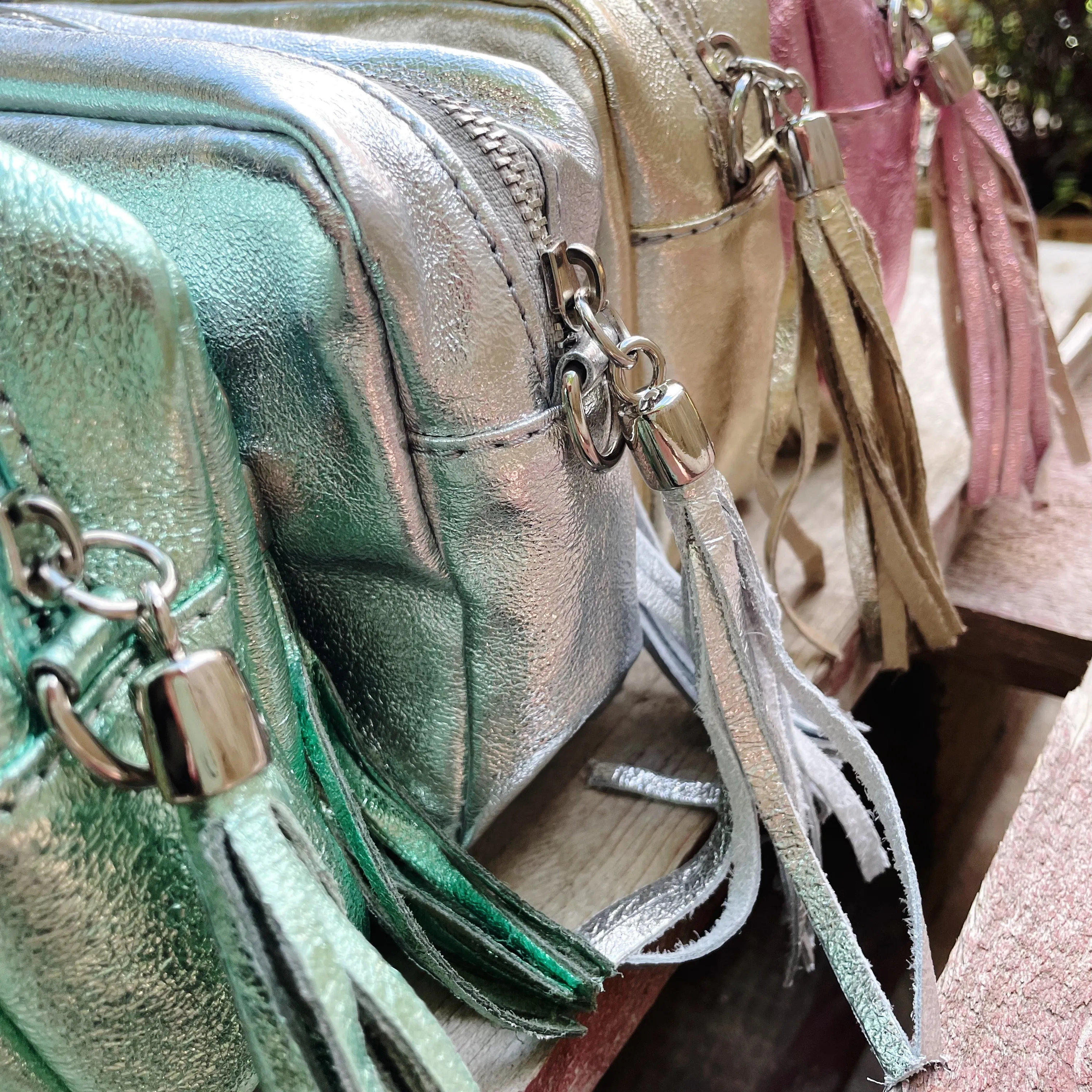 Small Metallic Leather Camera Bag - Rose