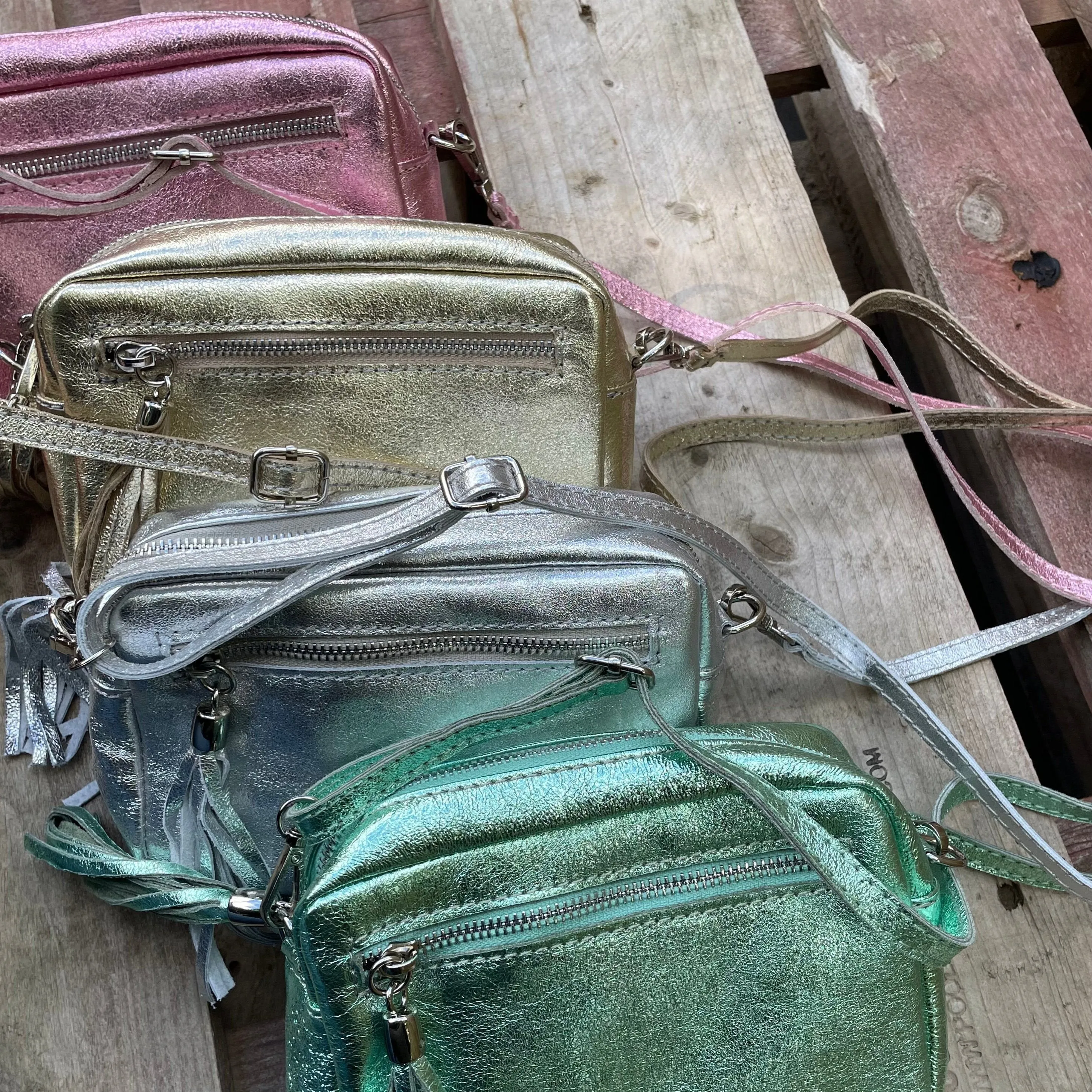 Small Metallic Leather Camera Bag - Rose
