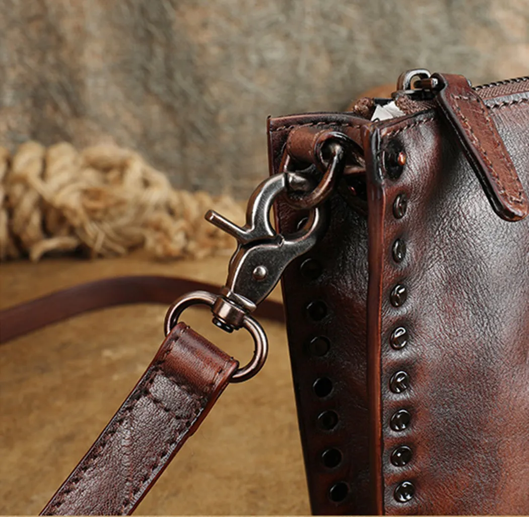 Small Womens Rivet Leather Over The Shoulder Bag Western Crossbody Purse