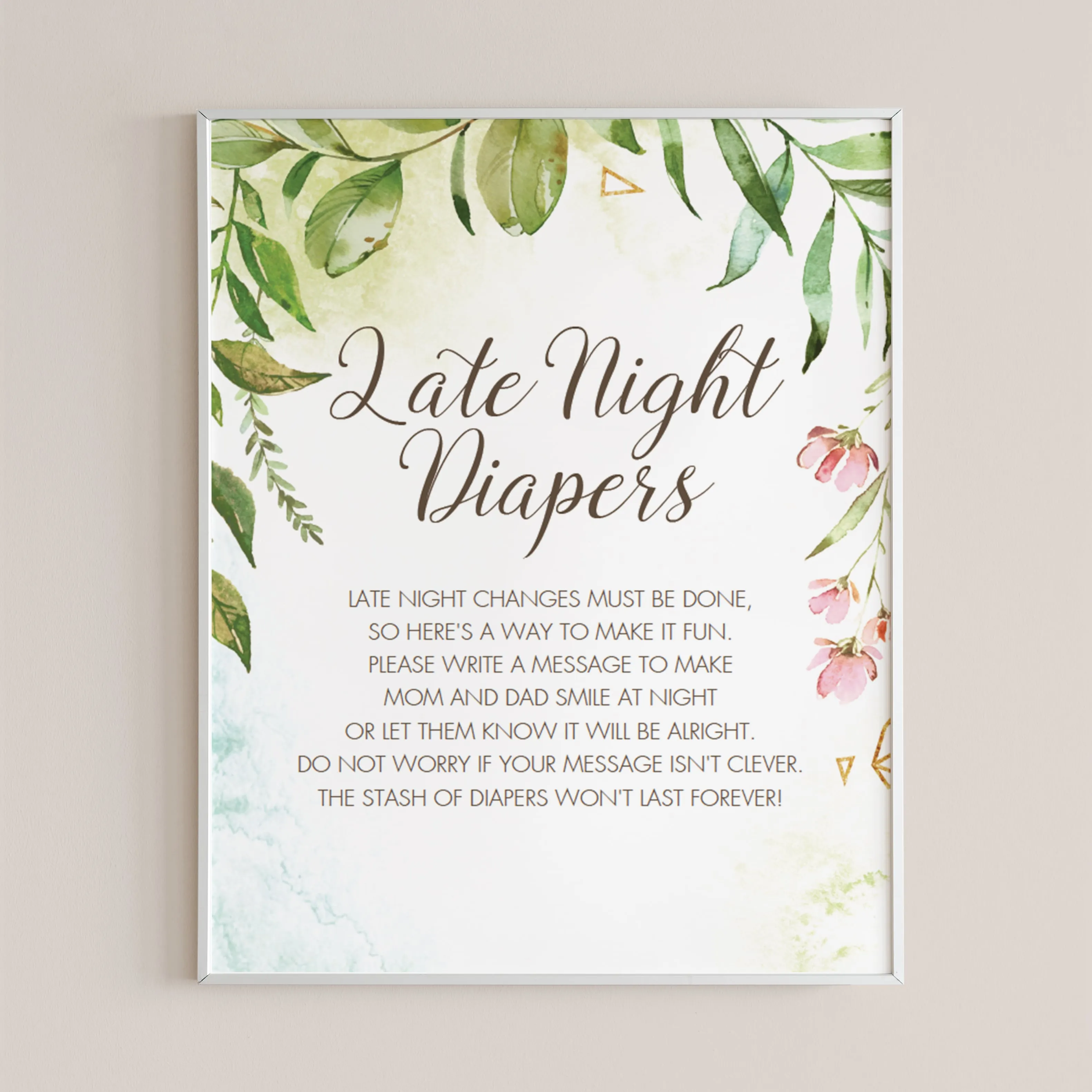 Watercolor DIY Baby Shower Activity Late Night Diapers