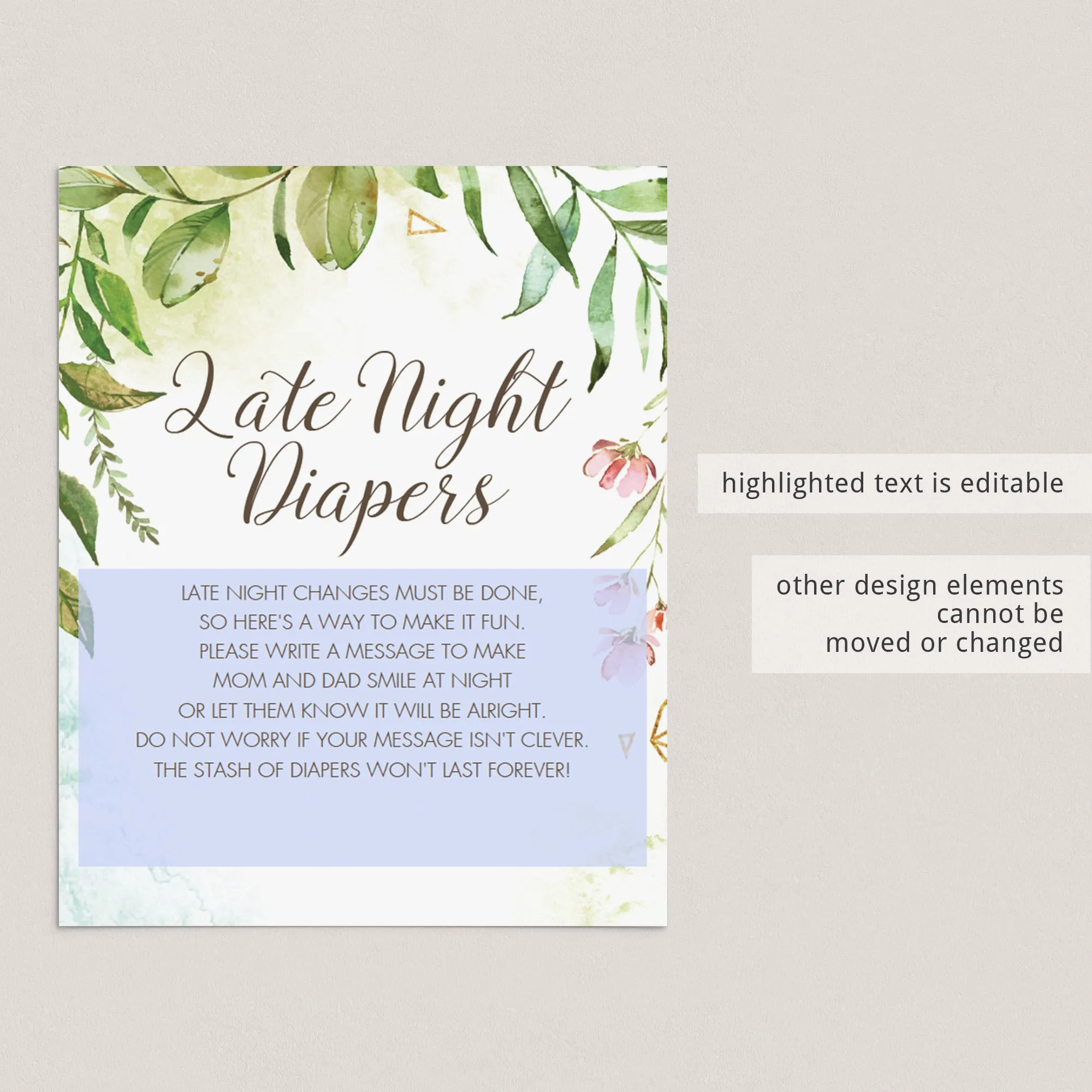 Watercolor DIY Baby Shower Activity Late Night Diapers