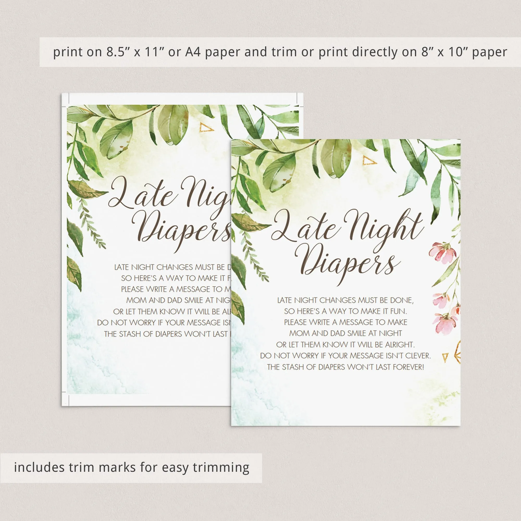 Watercolor DIY Baby Shower Activity Late Night Diapers