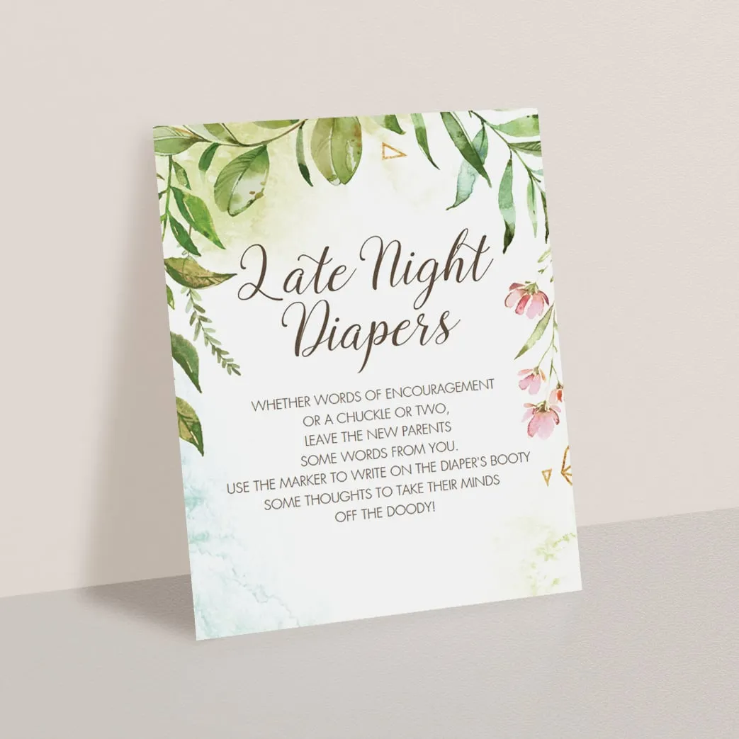 Watercolor DIY Baby Shower Activity Late Night Diapers