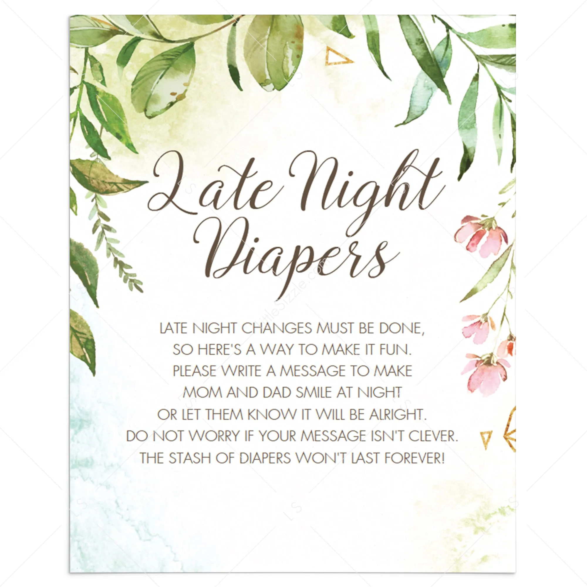 Watercolor DIY Baby Shower Activity Late Night Diapers