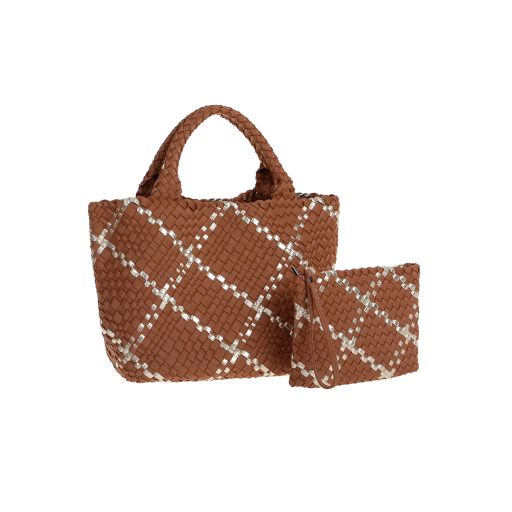 Woven Neoprene Large Tote - Tan/Gold