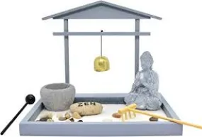 Zen Rock Garden Meditating Statue Bell Rake Sand Candle Burner Tray
