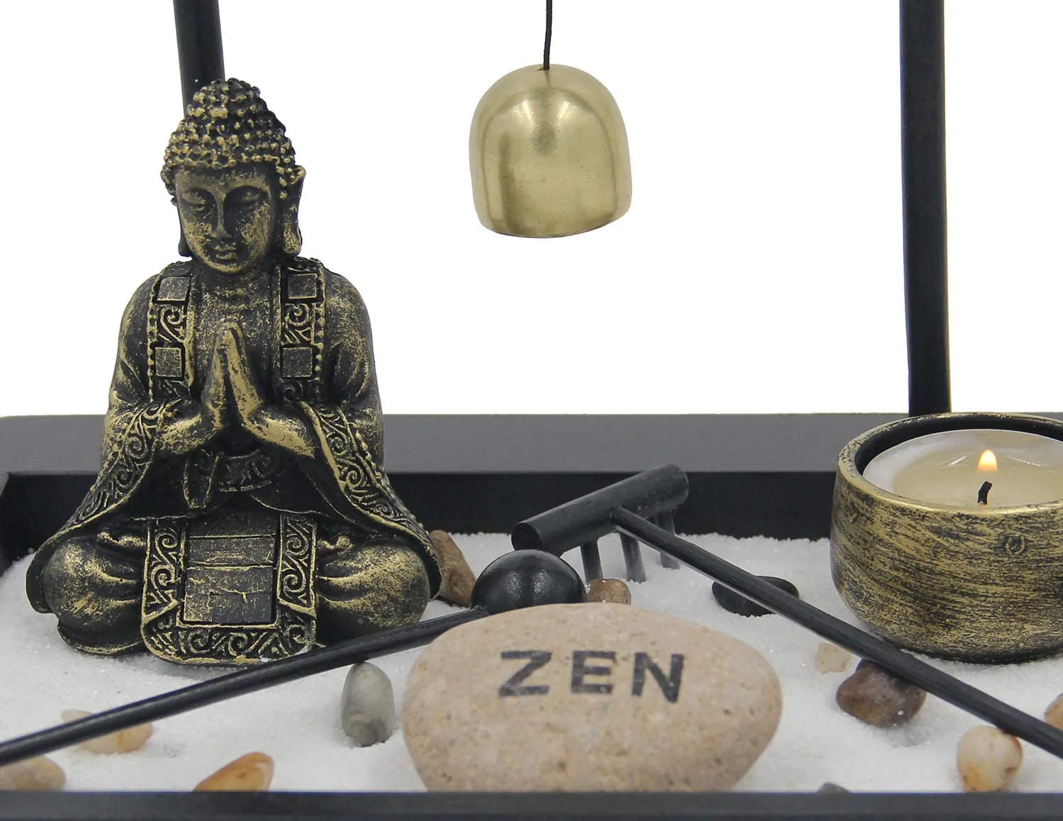 Zen Rock Garden Meditating Statue Bell Rake Sand Candle Burner Tray